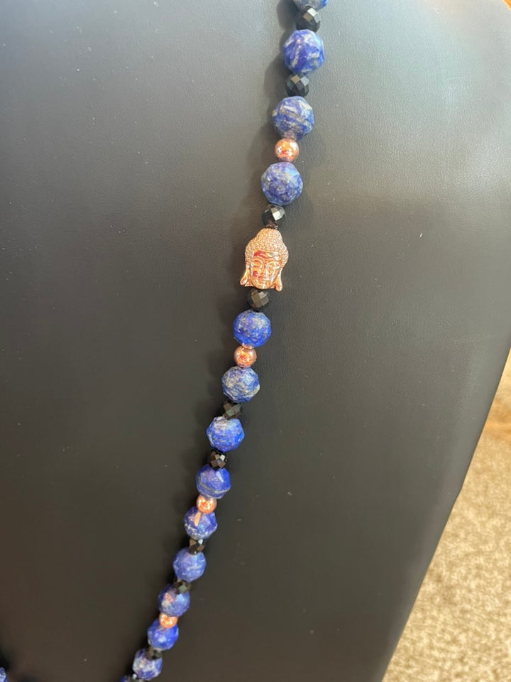Faceted Lapis & Black Tourmaline Mala with Lapis pendant