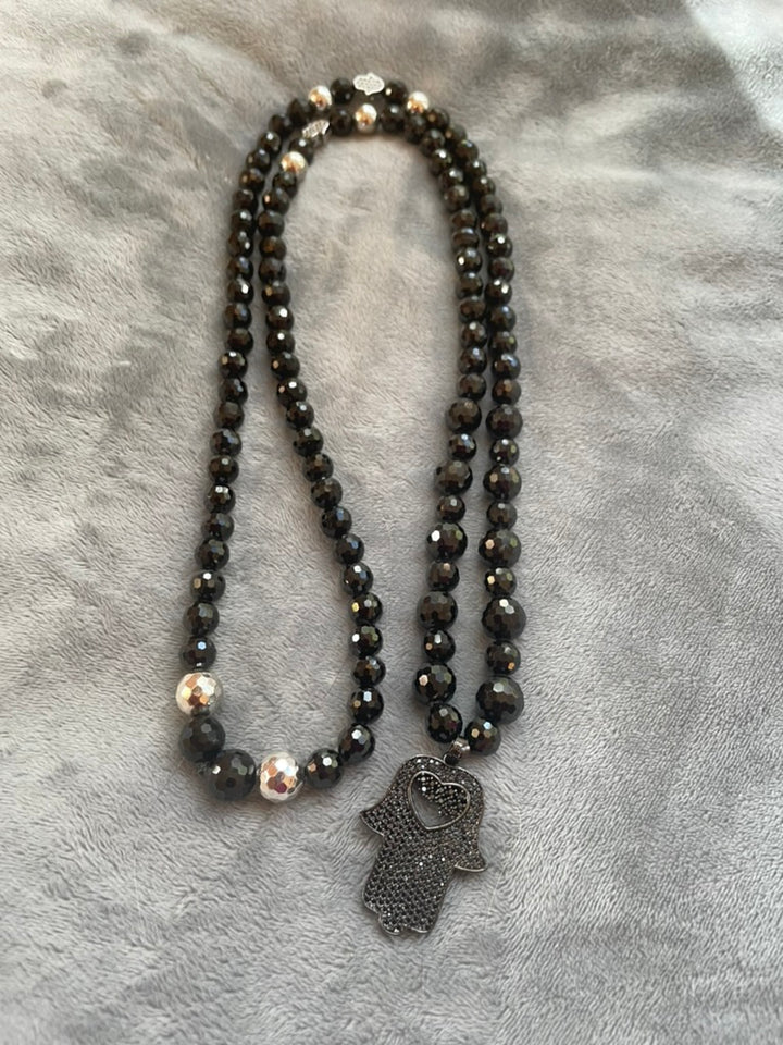 Faceted Black Spinel Mala with Hand of Hamsa pendant