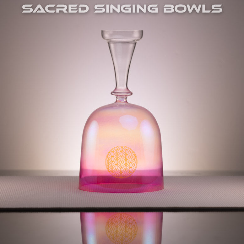 8" D-46 Divine Light Crystal Singing Chalice: Pink & White with Flower of Life, Sacred Singing Bowls