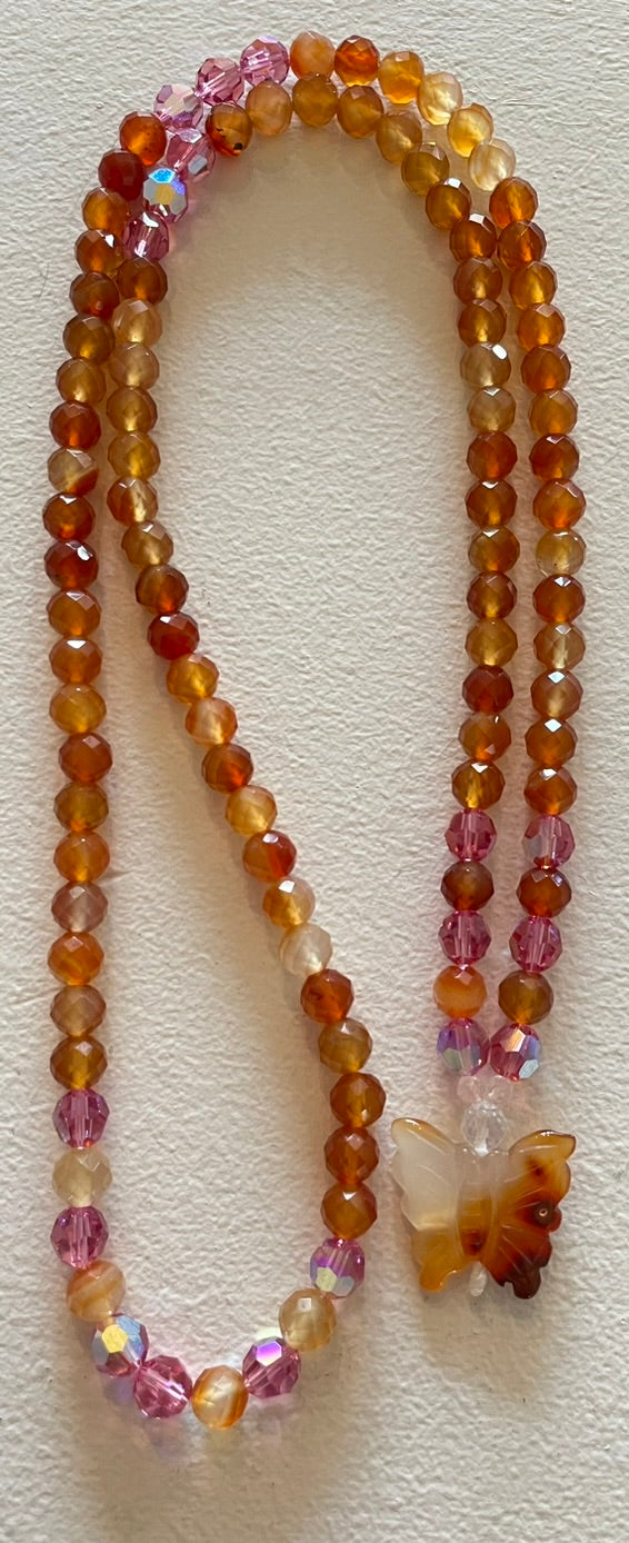 Faceted Carnelian Mala with Carnelian Butterfly pendant