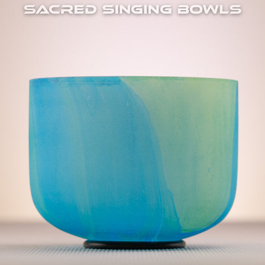 8" B-3 Blue Green Swirl Frosted Crystal Singing Bowl, Perfect Pitch, Sacred Singing Bowls