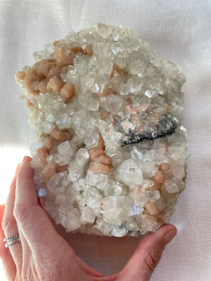 Apophyllite with Peach Calcite Cluster