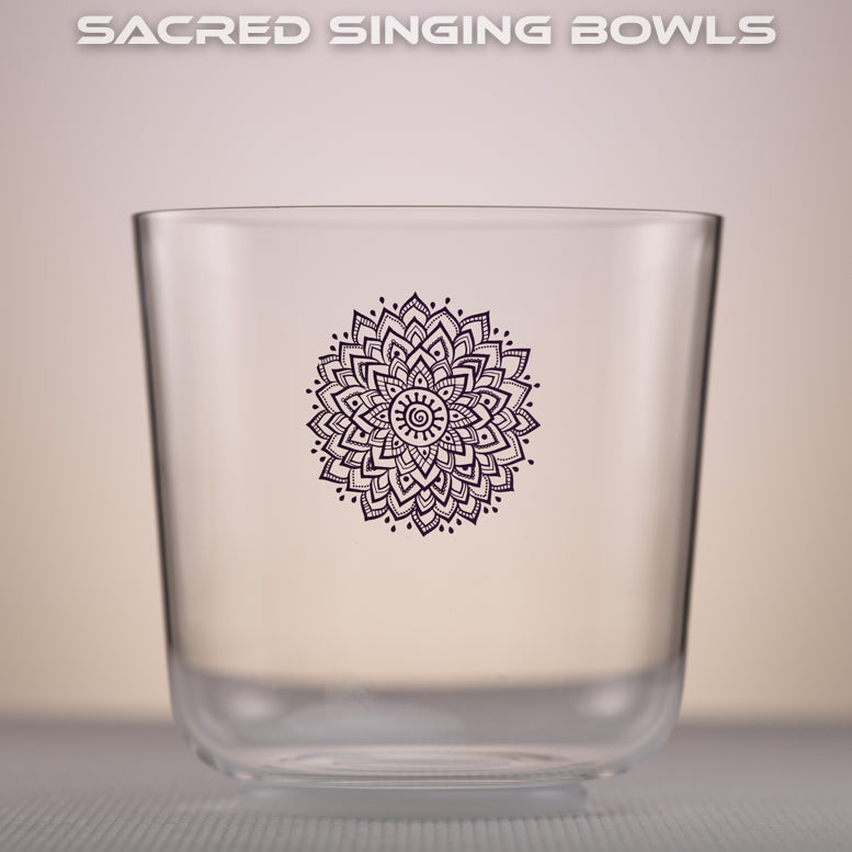 7" B+0 Clear Quartz with Crown Chakra Symbol, Sacred Singing Bowls