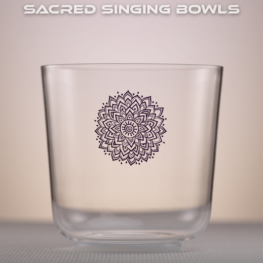 7" B+0 Clear Quartz with Crown Chakra Symbol, Sacred Singing Bowls