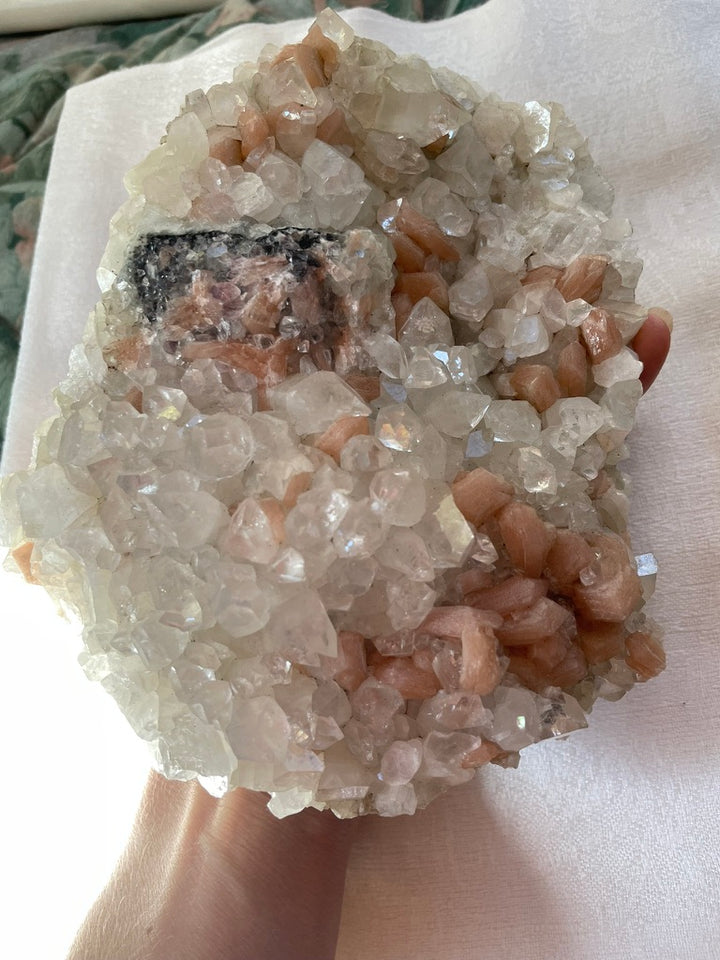 Apophyllite with Peach Calcite Cluster