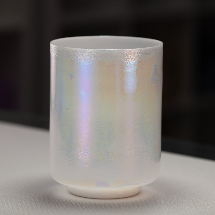 A 6.5 inch B-38 Majestic Moon Crystal Singing Bowl in white color with a metallic sheen, displayed against a neutral background.