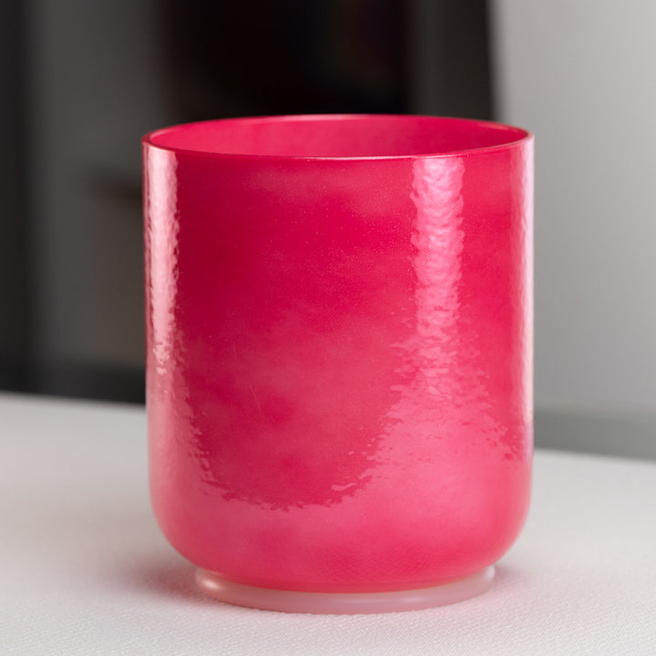 A 6.5 inch B-44 Dreamy Peony Singing Bowl in pearlescent pink color, made from quartz crystal.