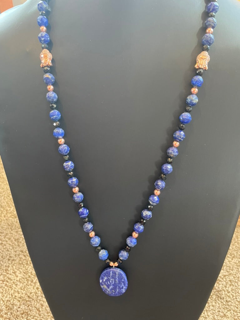 Faceted Lapis & Black Tourmaline Mala with Lapis pendant