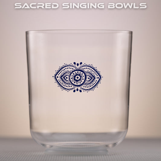 7" A Clear Quartz with Chakra Symbol, Sacred Singing Bowls