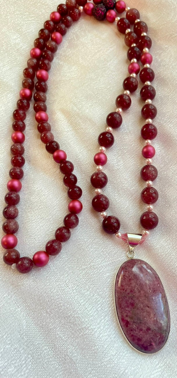 Strawberry Quartz Mala with Rhodonite pendant