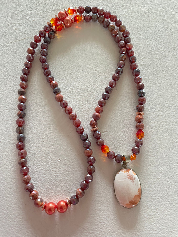 Faceted Fire Quartz Mala with White and Peach Scolecite pendant