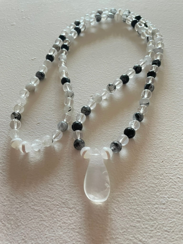 Clear & Tourmalinated Quartz Mala