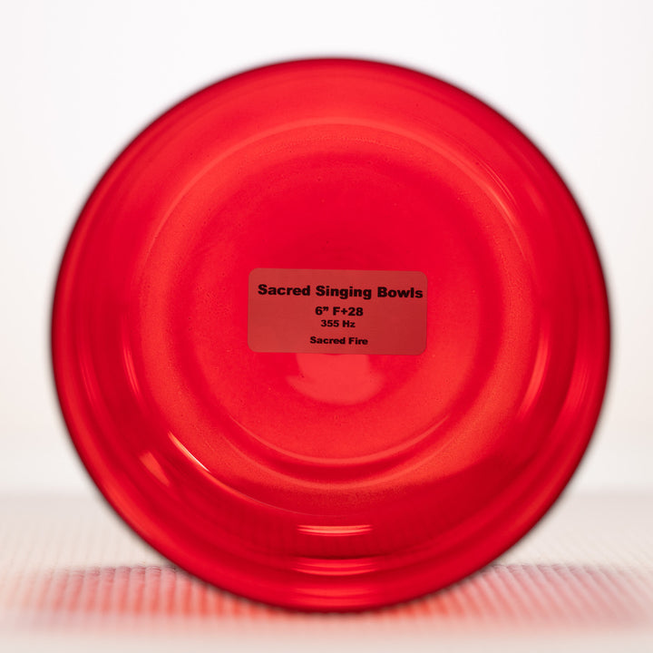 Red & orange singing bowl with 'Sacred Singing Bowls' label on a white background with bowl specifications