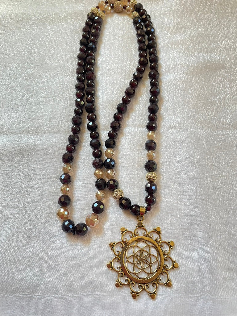 Garnet Mala with Seed of Life Sacred Geometry pendant