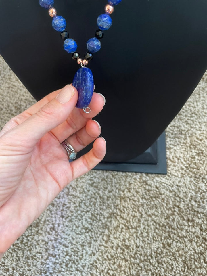 Faceted Lapis & Black Tourmaline Mala with Lapis pendant