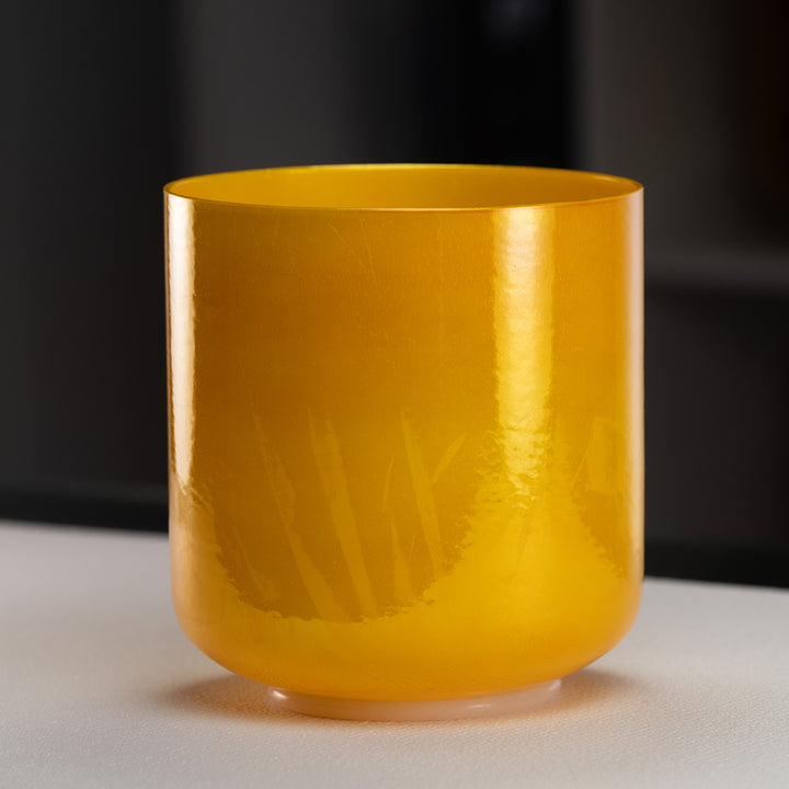 An 8 inch yellow honeycomb crystal singing bowl from Sedona Crystal Temple, designed for sound therapy and chakra alignment.
