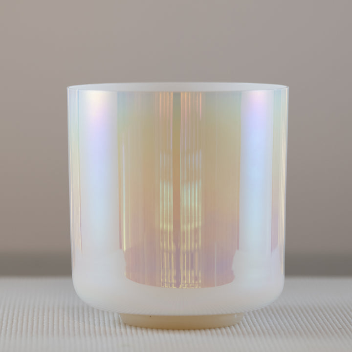 An 8 inch F-30 Majestic Moon Crystal Singing Bowl with a prismatic white color.