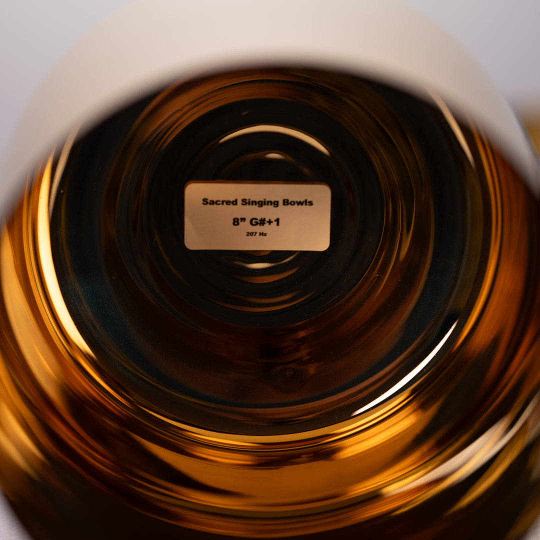 Sacred Singing Bowls™ product tag on a 24k Gold singing bowl