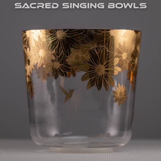 8" E-19 Clear Quartz with Golden Hummingbird Engraved Singing Bowl, Sacred Singing Bowls