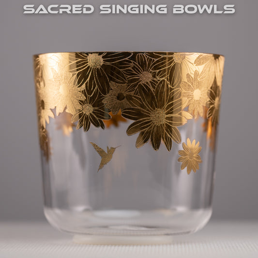 8" F-16 Golden Flower & Hummingbird Etched Crystal Singing Bowl  | Sacred Singing Bowls