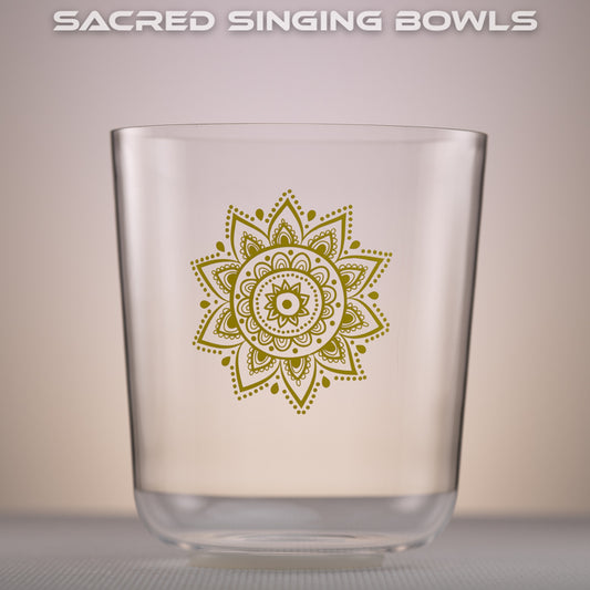 8" E-9 Clear Quartz with Solar Plexus Chakra Symbol, Sacred Singing Bowls
