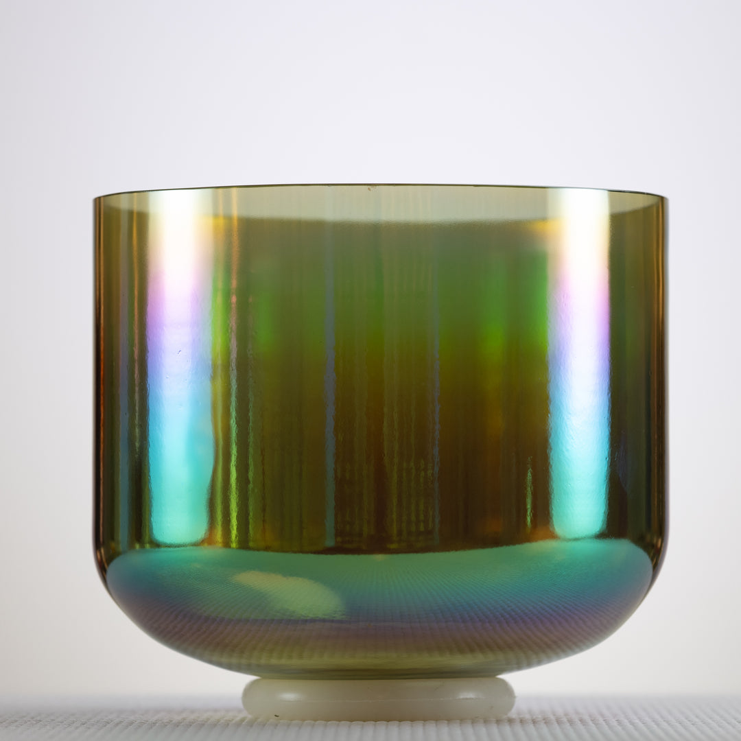 A#-14 Earth Magic Crystal Singing Bowl, Prismatic, with a spectrum of colors visible on its surface.