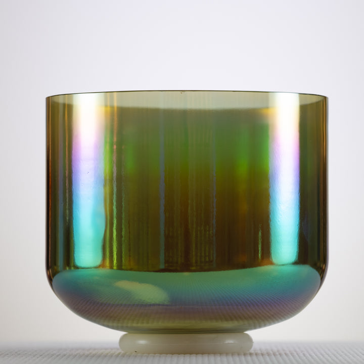 A#-14 Earth Magic Crystal Singing Bowl, Prismatic, with a spectrum of colors visible on its surface.