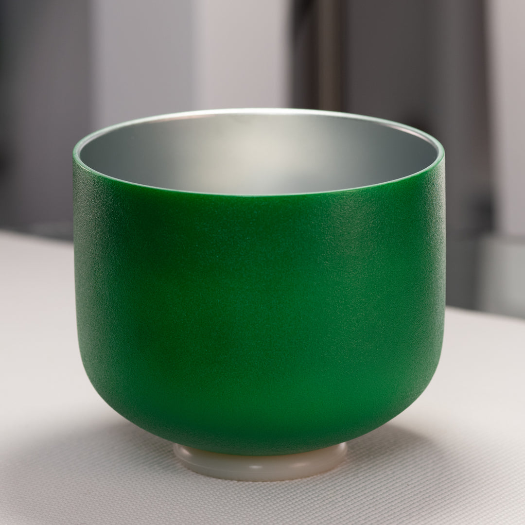 9" E+1 Emerald Heart Frosted Crystal Singing Bowl, Silver inside from Bowls of Sound