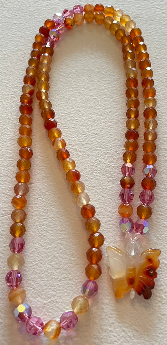 Faceted Carnelian Mala with Carnelian Butterfly pendant