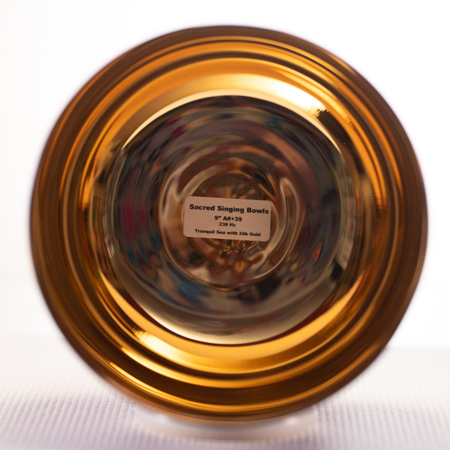 9" A#+39 Tranquil Sea Crystal Singing Bowl, 24k Gold inside