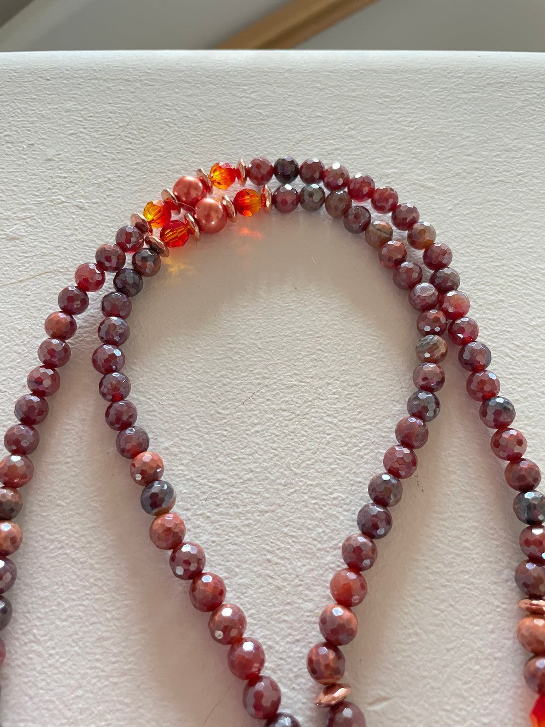 Faceted Fire Quartz Mala with White and Peach Scolecite pendant