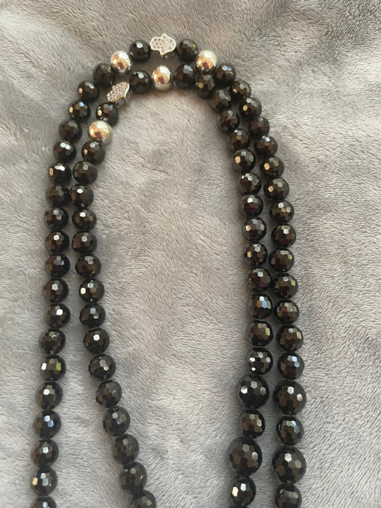 Faceted Black Spinel Mala with Hand of Hamsa pendant