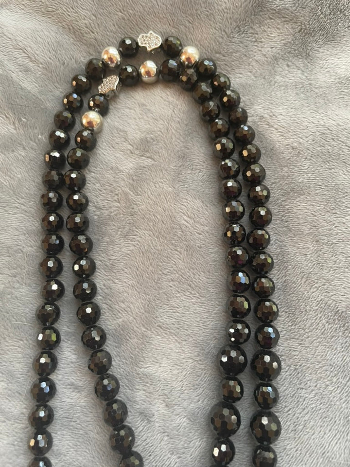 Faceted Black Spinel Mala with Hand of Hamsa pendant