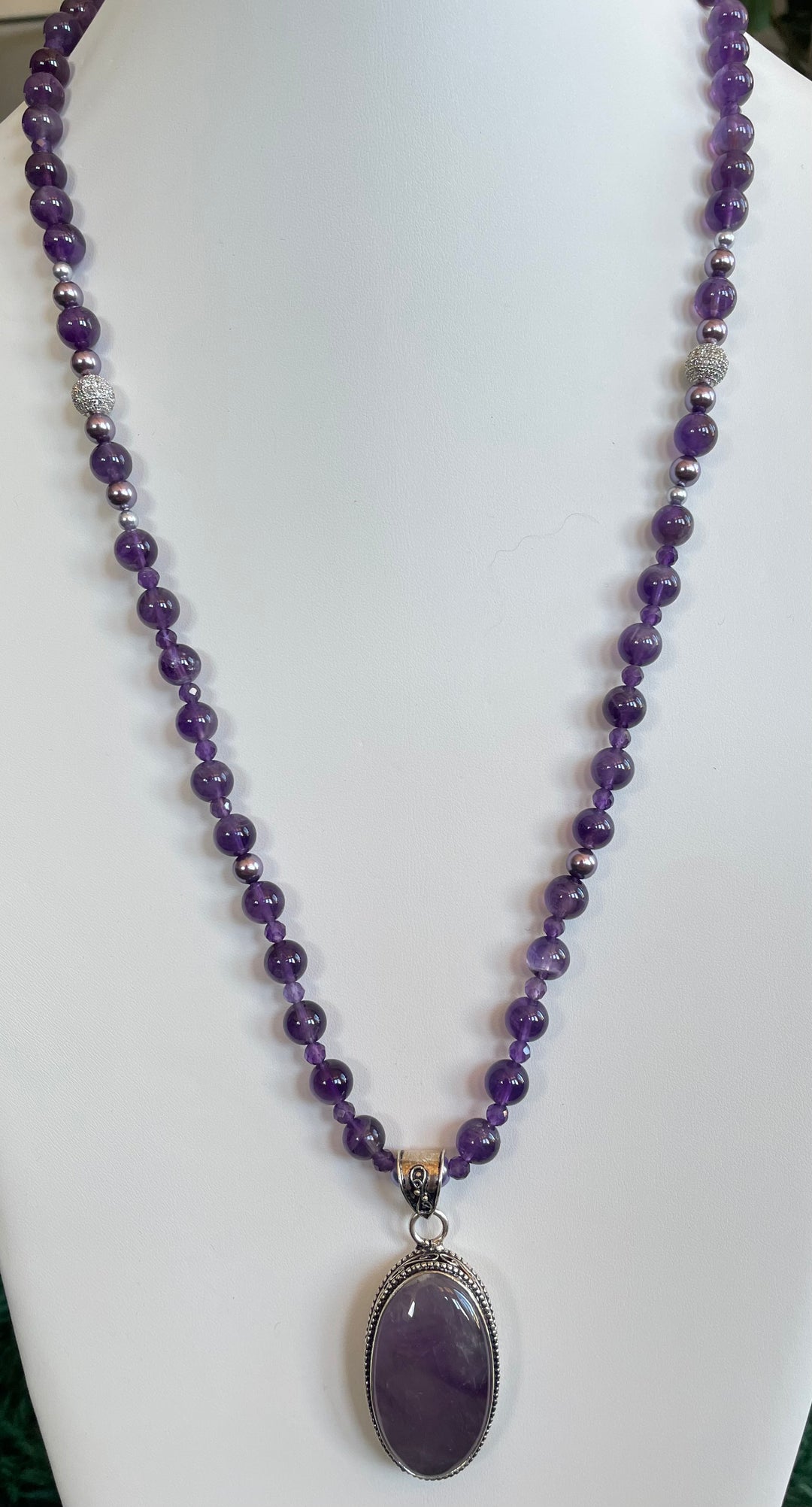 Amethyst Mala with Amethyst pendant made by Tara Kaur