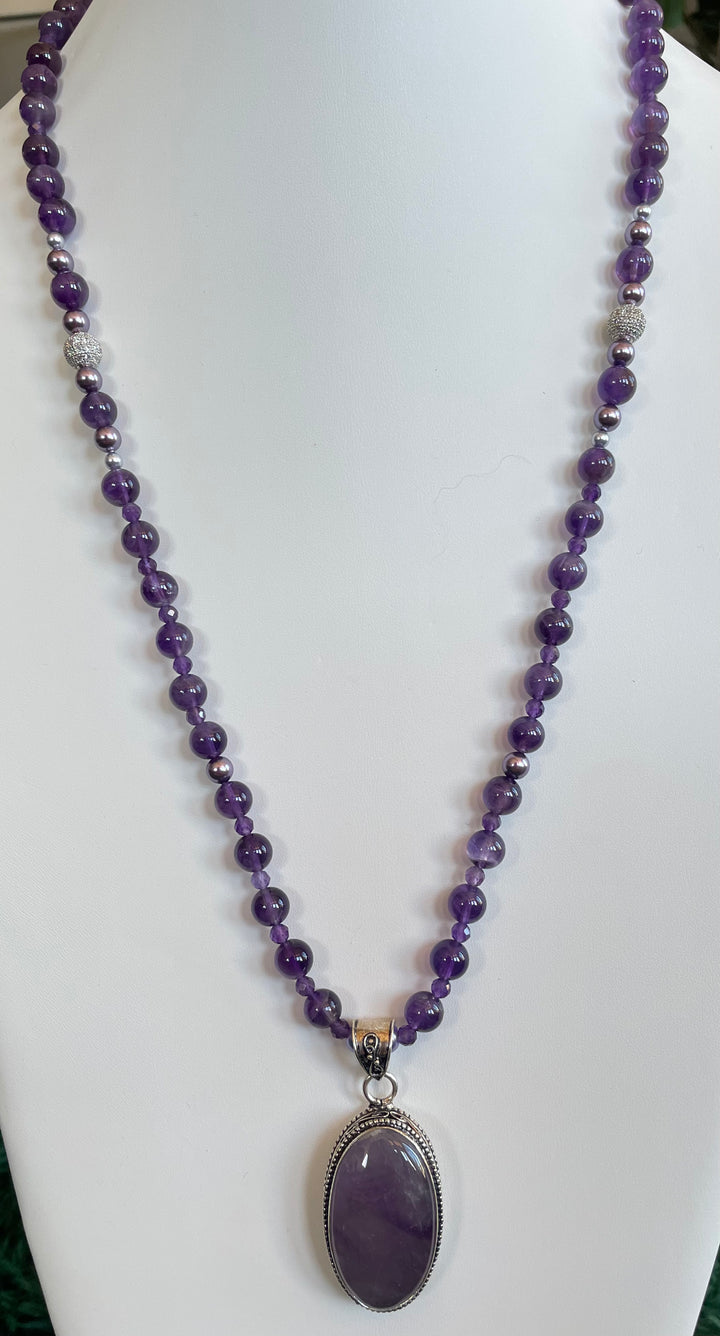 Amethyst Mala with Amethyst pendant made by Tara Kaur