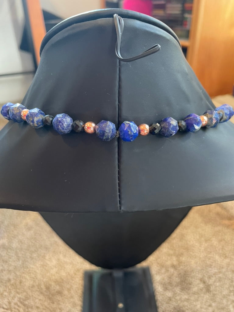 Faceted Lapis & Black Tourmaline Mala with Lapis pendant