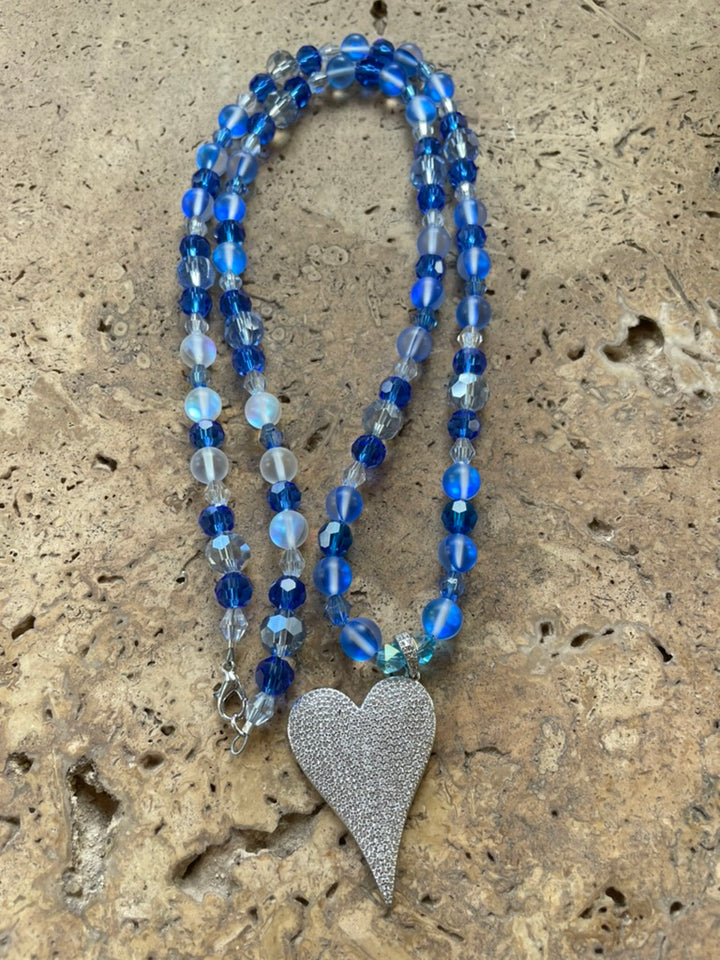 Blue Beaded Necklace with Heart pendant