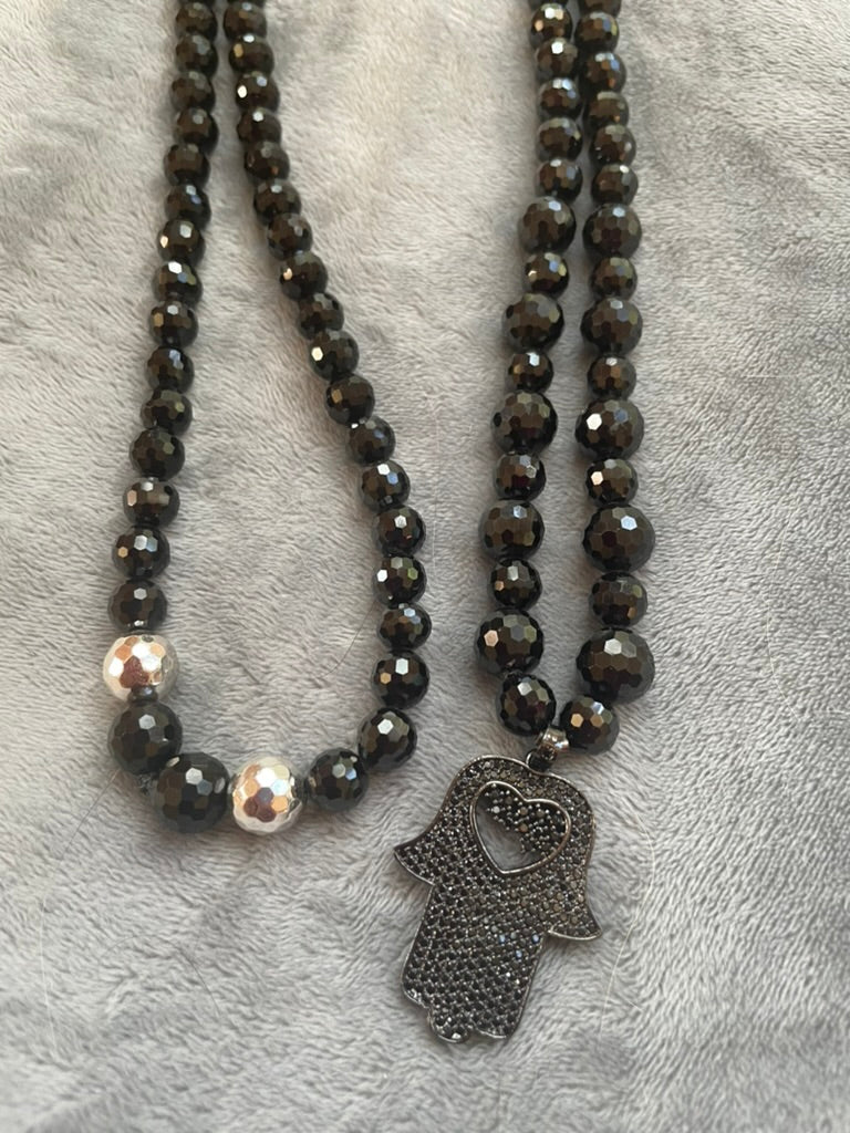 Faceted Black Spinel Mala with Hand of Hamsa pendant