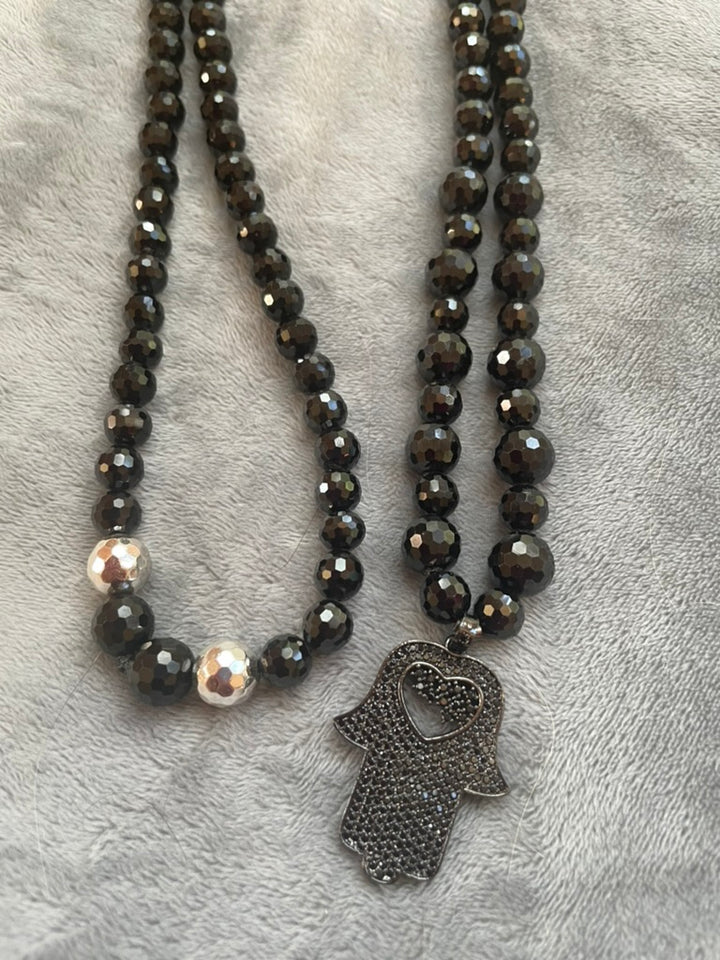 Faceted Black Spinel Mala with Hand of Hamsa pendant