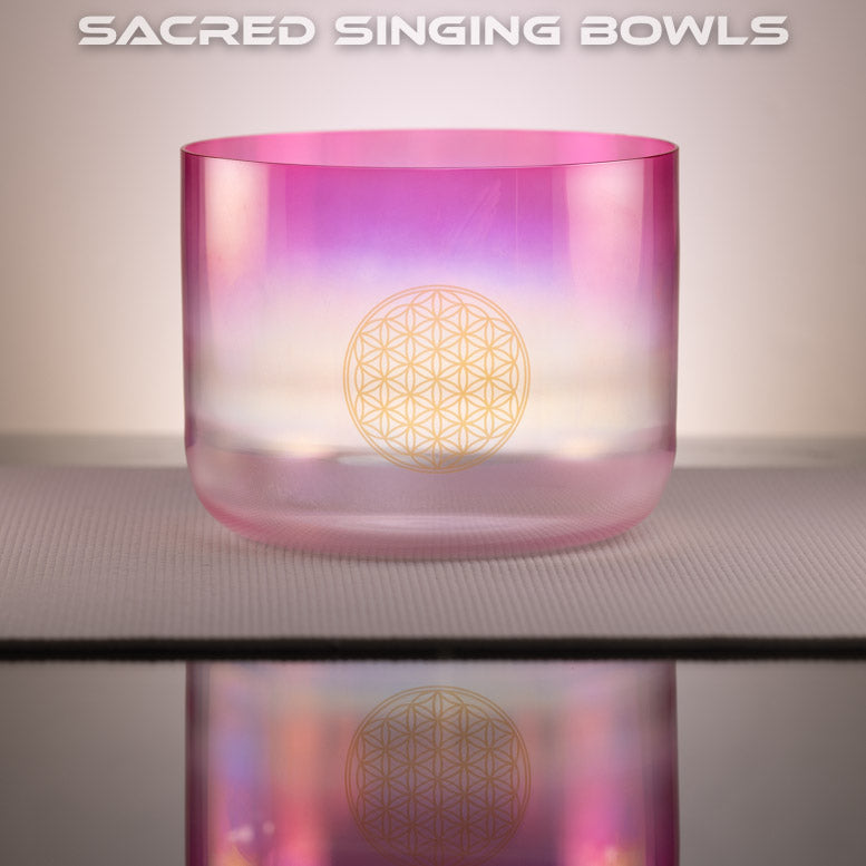 10" C#+42 Crystal Singing Bowl: Pink & Clear with Flower of Life: Sacred Singing Bowls
