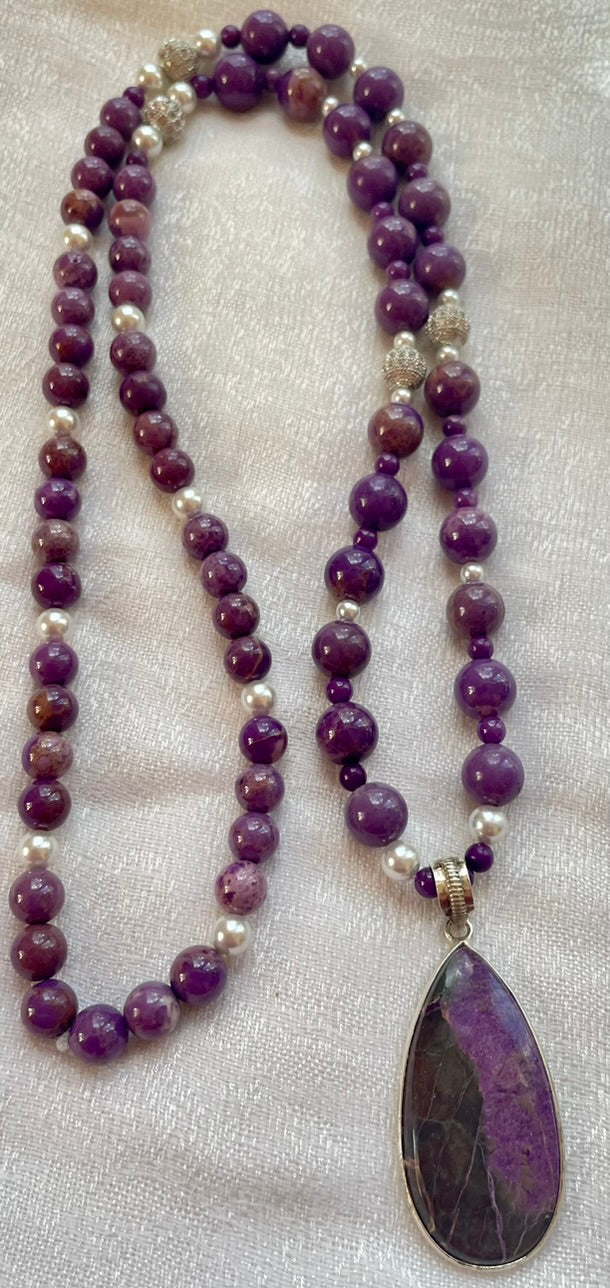 Phosphosiderite Mala with Charoite pendant