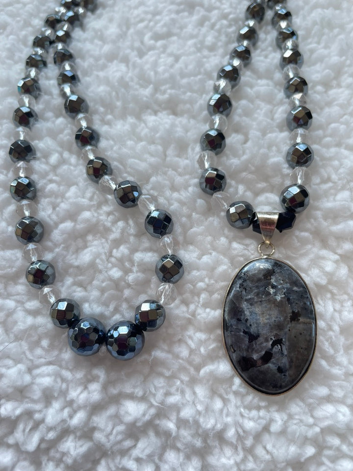Faceted Hematite & Clear Quartz Mala with Larvikite pendant