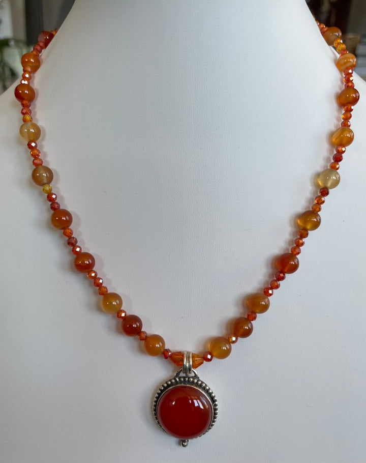 Carnelian and Crystal necklace with Carnelian pendant made by Tara Kaur