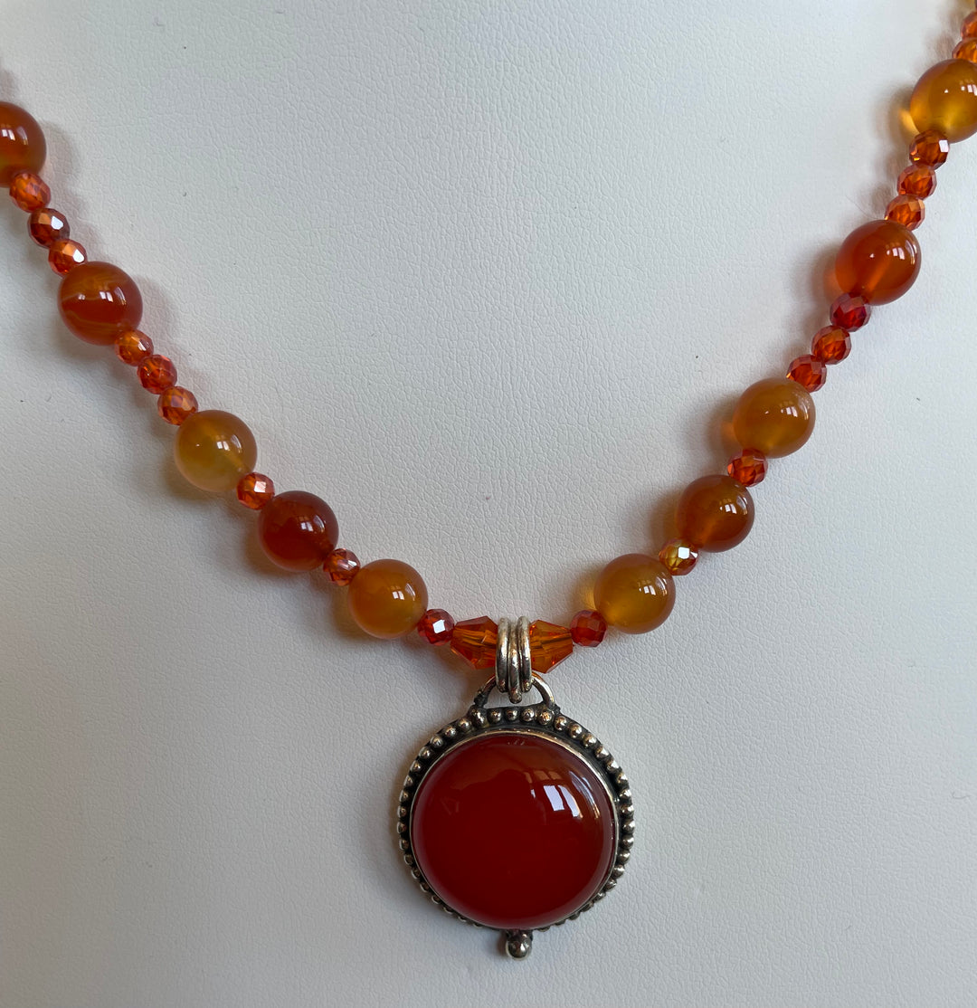 Carnelian and Crystal necklace with Carnelian pendant, made by Tara Kaur