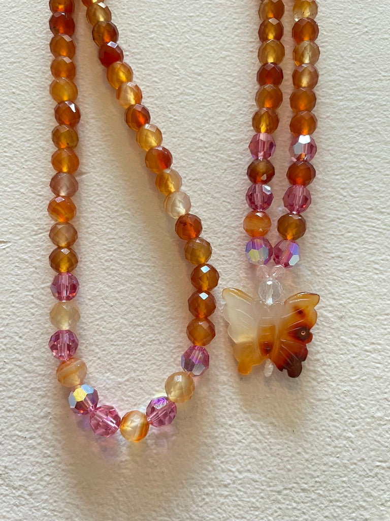 Faceted Carnelian Mala with Carnelian Butterfly pendant