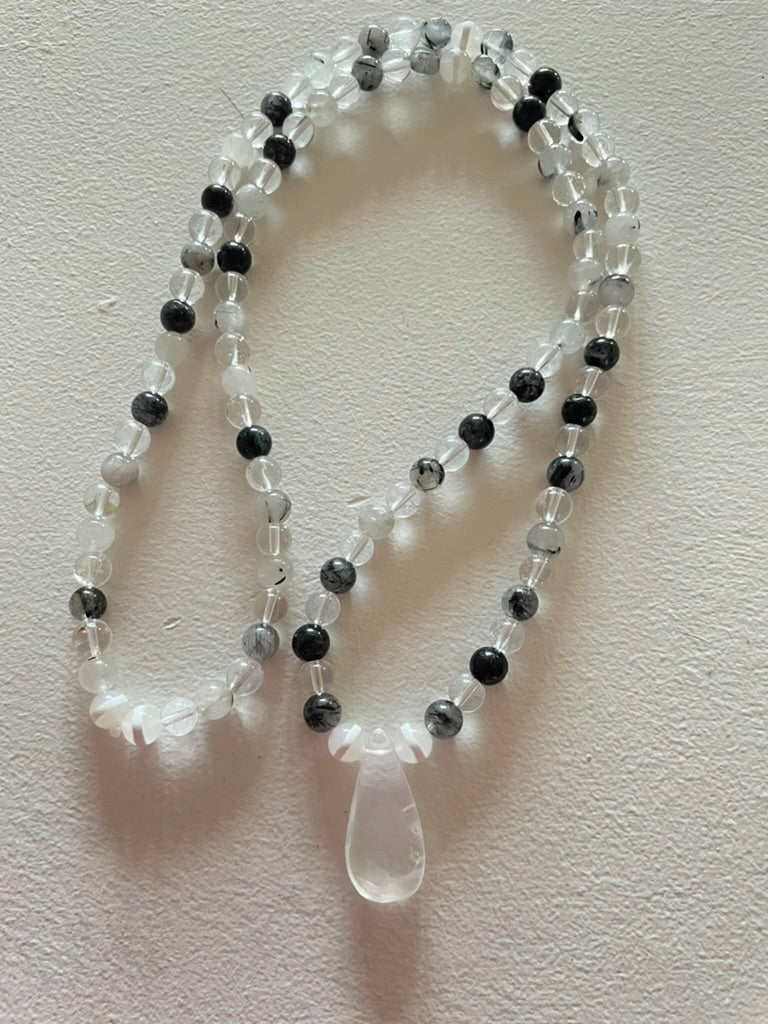 Clear & Tourmalinated Quartz Mala