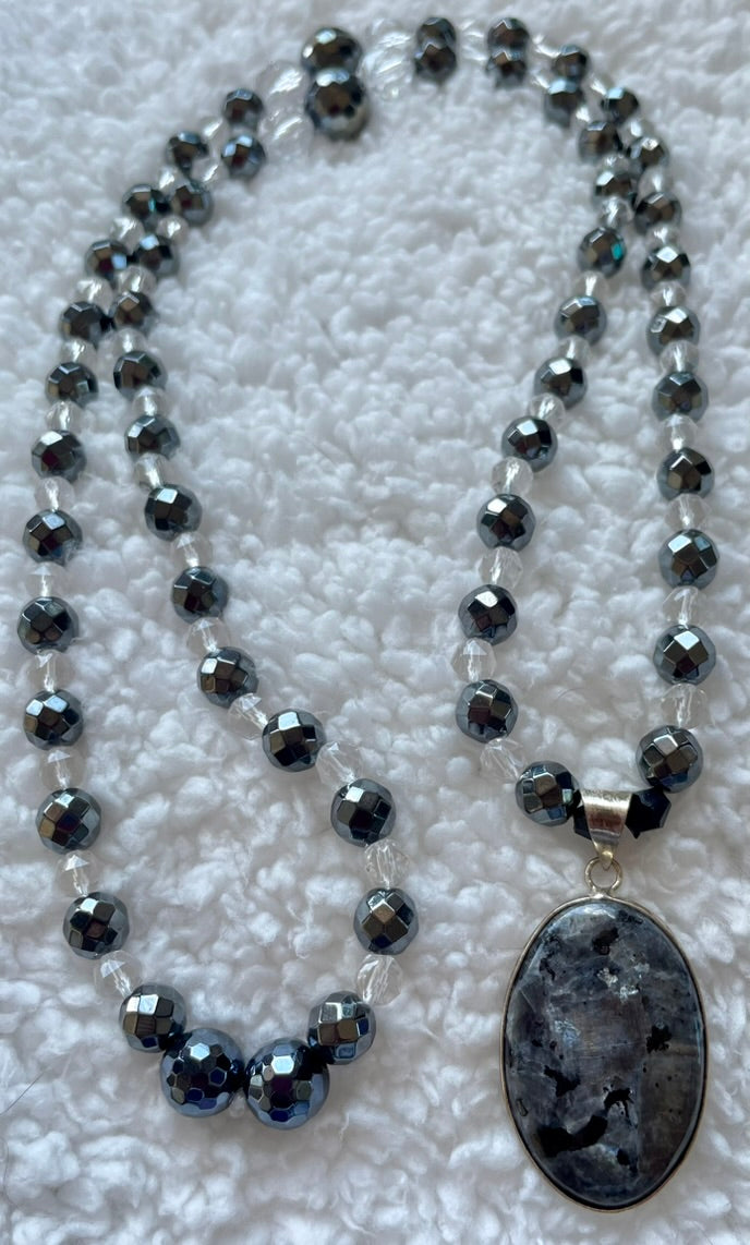 Faceted Hematite & Clear Quartz Mala with Larvikite pendant