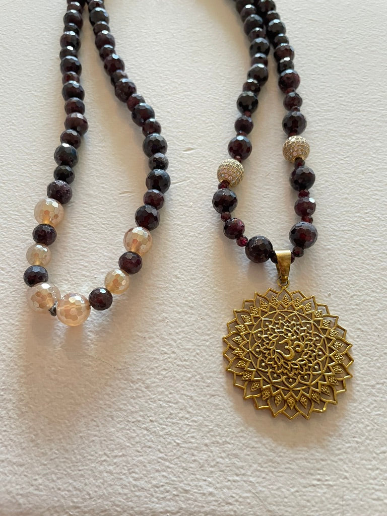 Garnet Mala with Sacred Om pendant