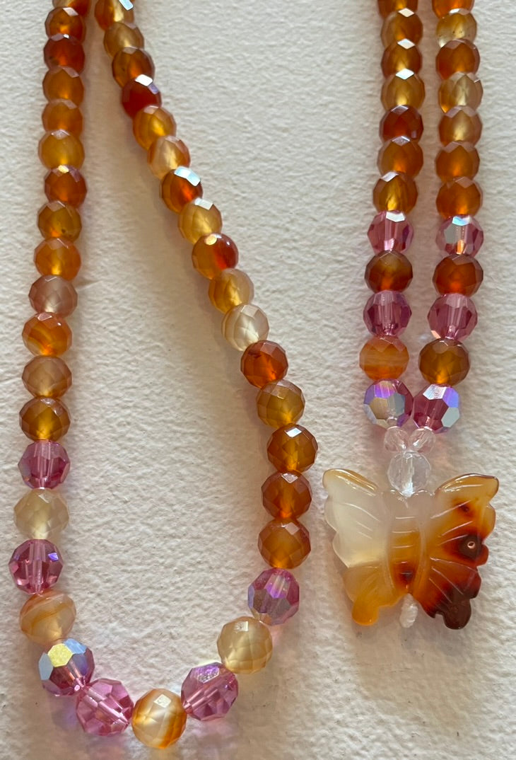 Faceted Carnelian Mala with Carnelian Butterfly pendant