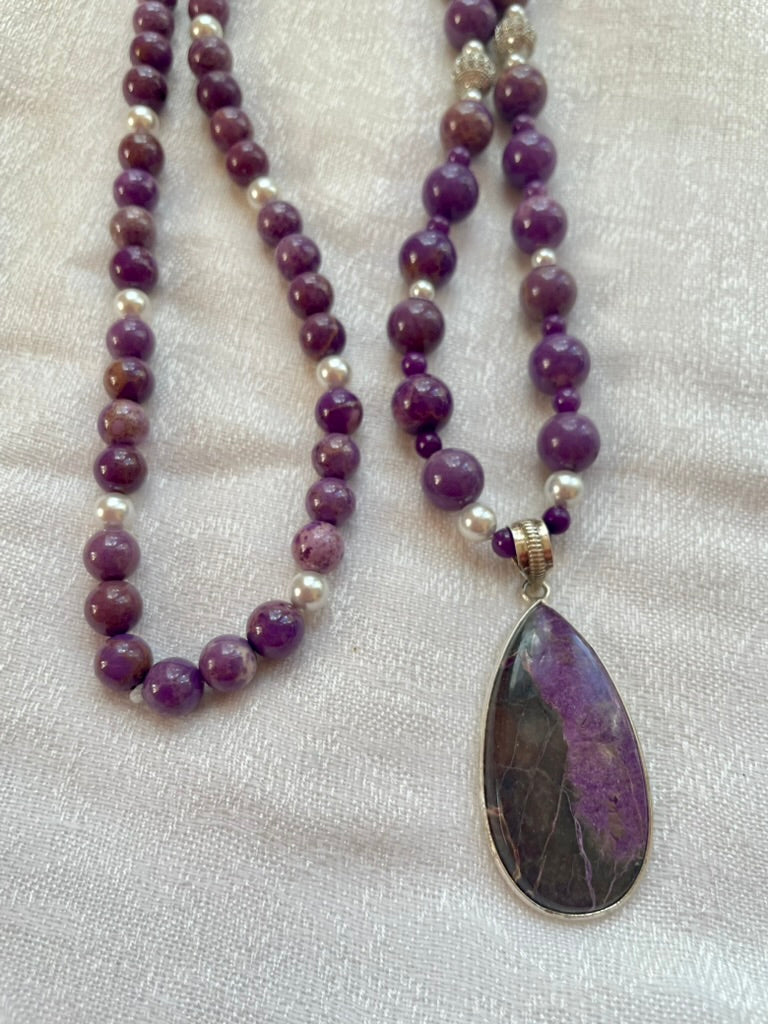 Phosphosiderite Mala with Charoite pendant